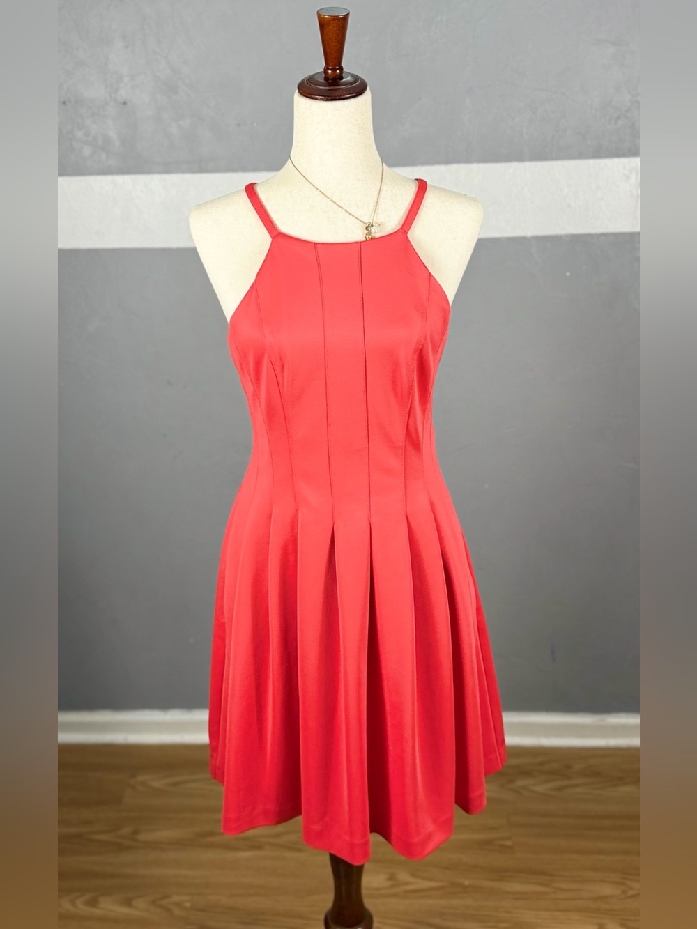 Calvin Klein Coral-Red Pleated Dress with Spaghetti Straps NWT